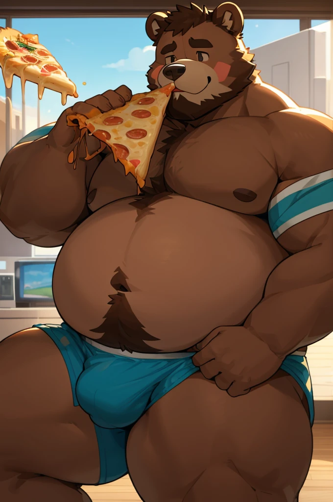 Art, furry, bear, light brown color, light blue underpants, male, thick cheeks, thick thighs, bump in groin area, hairy belly, tall, very fat, large bloated belly the size of the entire screen, one hand resting on his belly, with the other he is eating a large slice of pizza, one, one character.