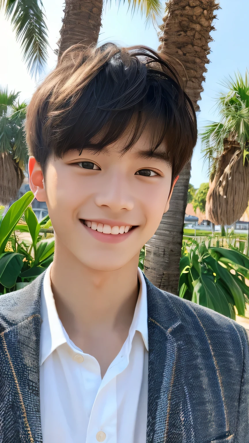 Highest quality, masterpiece, Ultra-high resolution, (Realistic: 1.4), Original photo, wallpaper, Head Photo, skin, Simple Background, Iris, detailed, Selfie, 1 boy, 18-year-old, good looking, Wind,Palm tree,smile、grassland