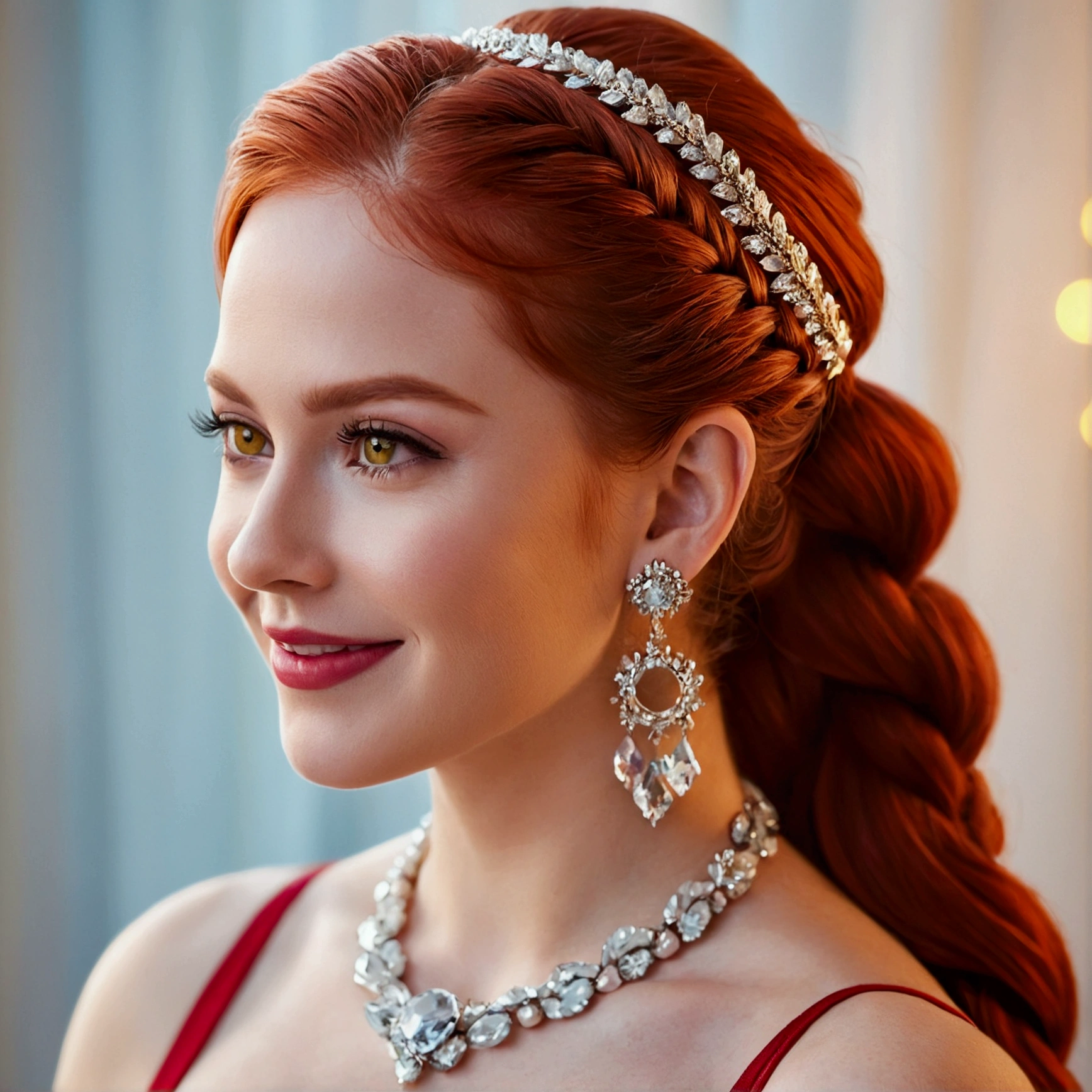 Alone, High resolution, HD Model, high quality, textured skin, anatomically correct, very long hair, Red hair, French braid,big breasts, earrings, earrings de cristal, smile, blush, yellow eyes, make-up, Red lips,shading, F2 aperture.8, Photo test model, jewelry, hair ornament, corona, corona de cabeza,hair beads,shine, depth of field, blurred, cinematic lighting, reflection light, Impressionism, 3D rendering, decoration art, Artistic, social realism, 