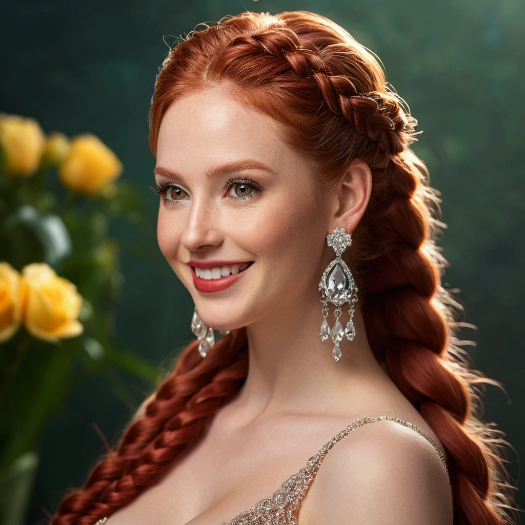 Alone, High resolution, HD Model, high quality, textured skin, anatomically correct, very long hair, Red hair, French braid,big breasts, earrings, earrings de cristal, smile, blush, yellow eyes, make-up, Red lips,shading, F2 aperture.8, Photo test model, jewelry, hair ornament, corona, corona de cabeza,hair beads,shine, depth of field, blurred, cinematic lighting, reflection light, Impressionism, 3D rendering, decoration art, Artistic, social realism,