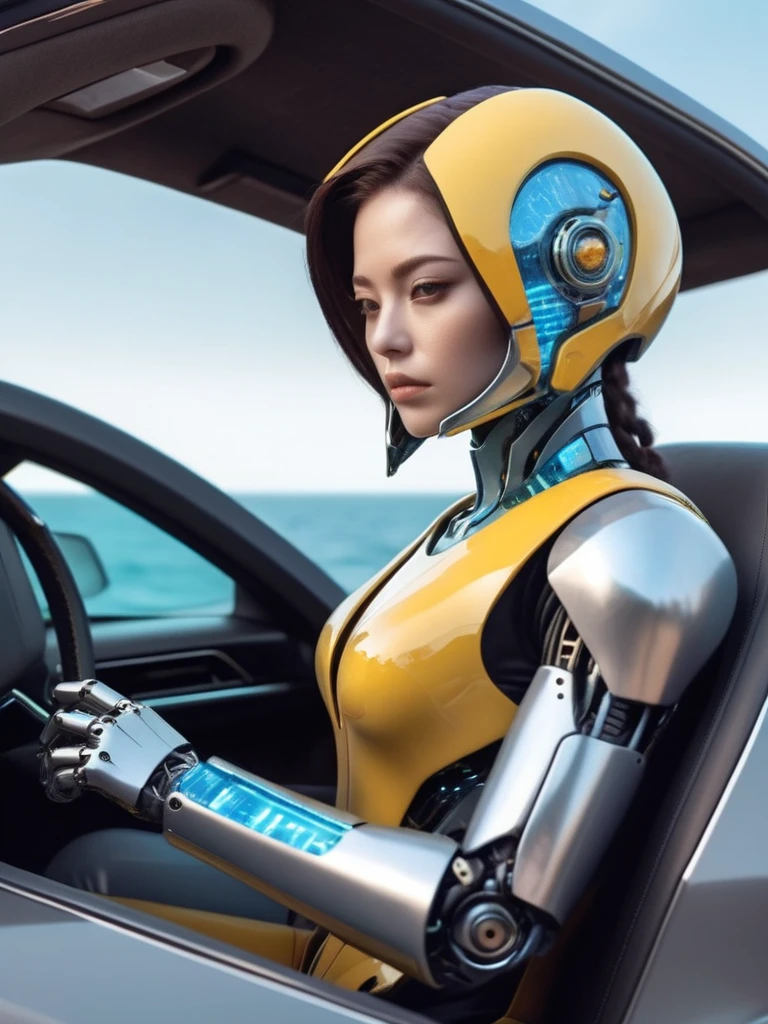 ral-opal, meahophontron, cyberpunk, (ALIEN FUTURISTIC WOMAN) robotic armor, (ROBOT WOMAN FACE) (yellow suit, gray, light blue brown) With futuristic armor, (along with a supercar) blue colors, negro, gray con soft tones, background image: (driving through the sea) soft tones