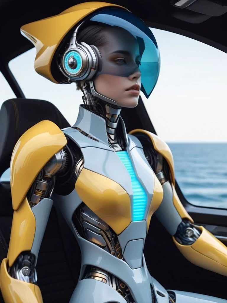 ral-opal, meahophontron, cyberpunk, (ALIEN FUTURISTIC WOMAN) robotic armor, (ROBOT WOMAN FACE) (yellow suit, gray, light blue brown) With futuristic armor, (along with a supercar) blue colors, negro, gray con soft tones, background image: (driving through the sea) soft tones