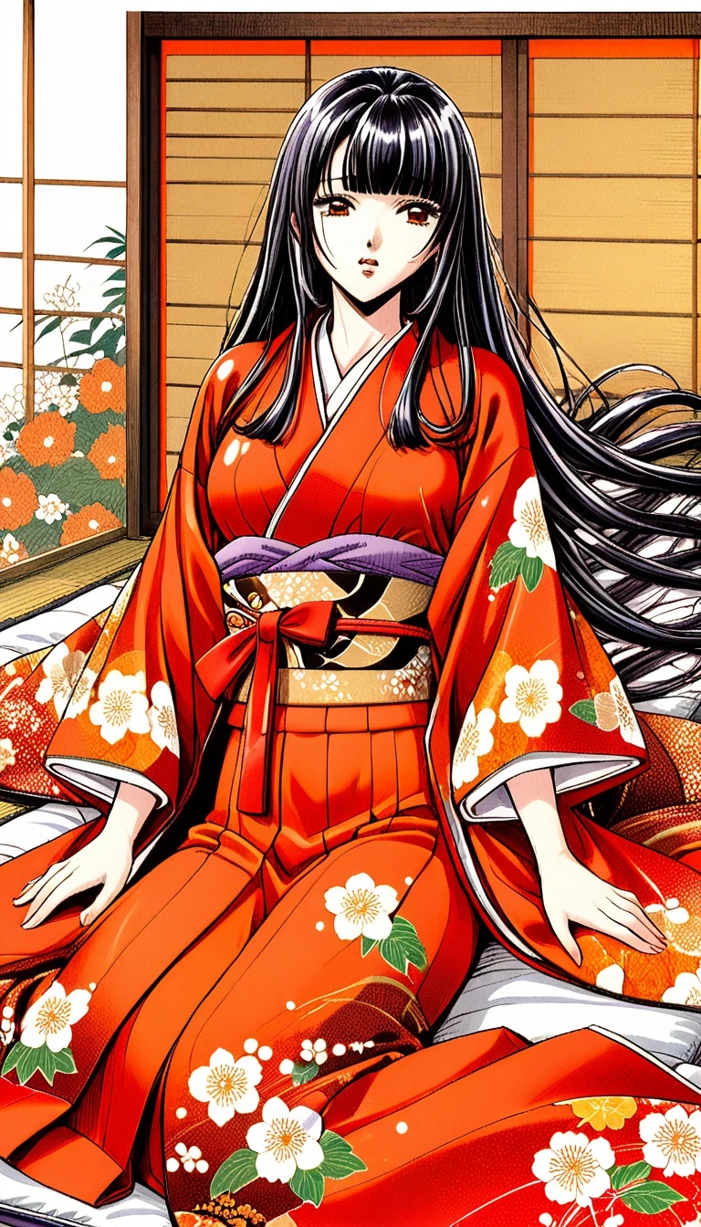 Close-up of a woman with black straight hime cut hair wearing a red and orange dress, Red kimono with flower patterns, From the Sengoku period, Long and beautiful kimono, Flowing hair and long, super shiny robes, Red kimono, Japanese Kimono, Wearing Imperial Kimono, Wearing kimono and armor, In kimono, Safety, kimono, Hakama kimono, Inspired by Fujiwara Takanobu, pale and colouRed kimono　She is laid down on the futon, exposing her nipples, writhing and crying.