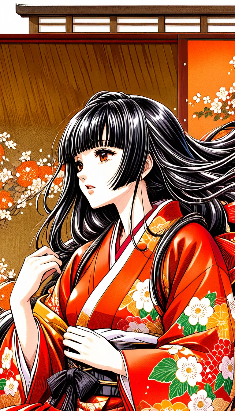 Close-up of a woman with black straight hime cut hair wearing a red and orange dress, Red kimono with flower patterns, From the Sengoku period, Long and beautiful kimono, Flowing hair and long, super shiny robes, Red kimono, Japanese Kimono, Wearing Imperial Kimono, Wearing kimono and armor, In kimono, Safety, kimono, Hakama kimono, Inspired by Fujiwara Takanobu, pale and colouRed kimono　She is laid down on the futon, exposing her nipples, writhing and crying.