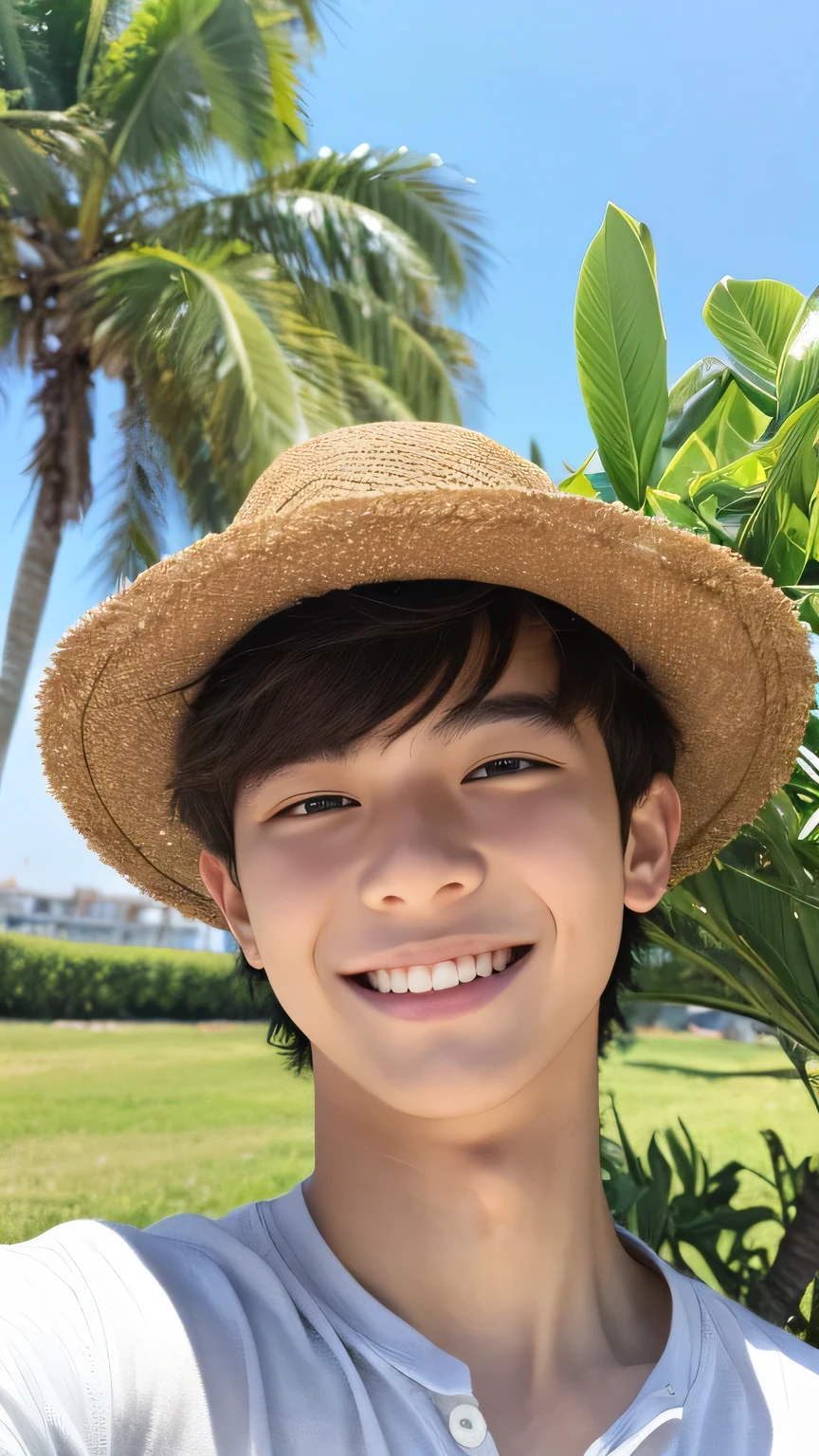 Highest quality, masterpiece, Ultra-high resolution, (Realistic: 1.4), Original photo, wallpaper, Head Photo, skin, Simple Background, Iris, detailed, Selfie, 1 boy, 18-year-old, good looking, Wind,Palm tree,smile、grassland