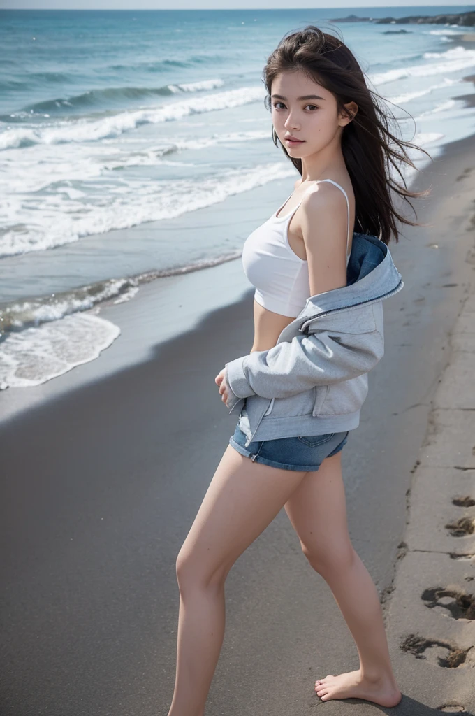 18 year old girl,Wearing a tight short,braless,wearing an open jacket to cover nipples, walking  at the beach, view from above ,Full Body picture Standing, small chast and butt, visible nipples 