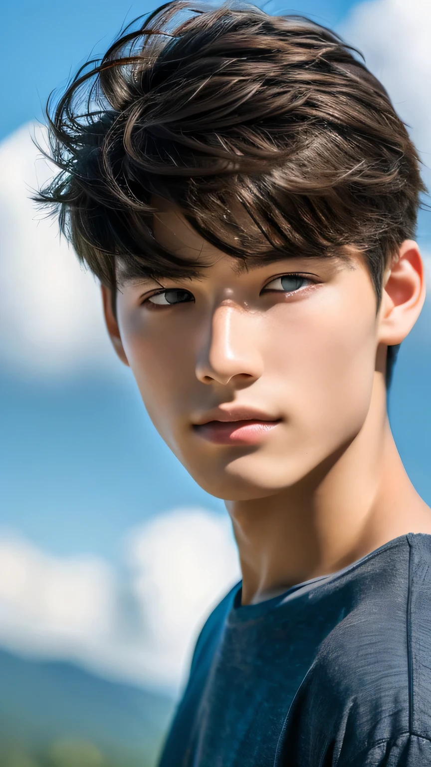 Highest quality, masterpiece, Ultra-high resolution, (Realistic: 1.4), Original photo, wallpaper, Head Photo, skin, Simple Background, Iris, detailed, Selfie, 1 boy, 18-year-old, good looking, Wind,Mountain