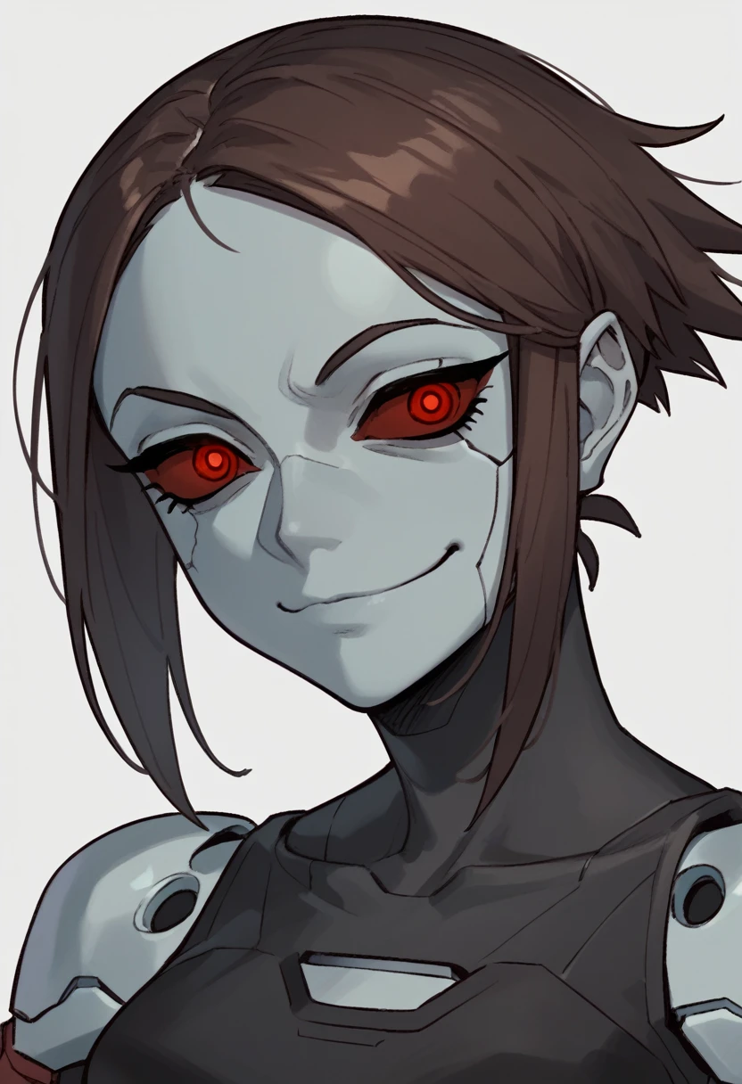 (Anime, 1girl, brown bob hair, grey eyes, dark punk clothes, portrait, Robot girl, Mecha, Android, joint limbs, robot joints, facial joints, metal pale skin, black sclera, no mouth, glowing eyes, no face, smug face), score_9, score_8_up, score_7_up