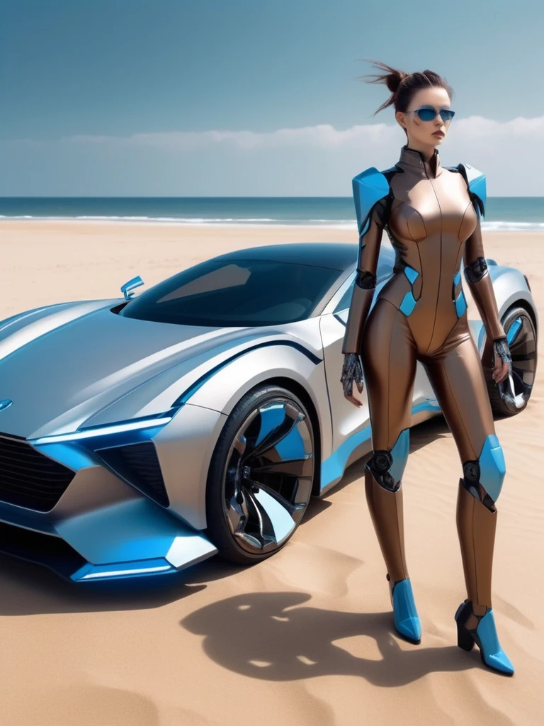 ral-opal, meahophontron, cyberpunk demonio, Robot woman (brown suit, light blue, light grey) With futuristic armor, (along with a super sports car) blue colors, black, gray with soft tones, background image: (driving through the sea and sand) robotic futuristic stylish clothing, light tones.