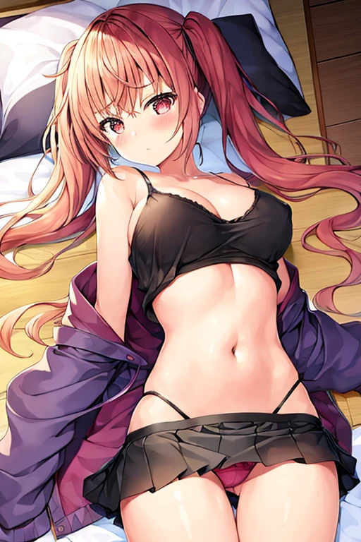 One girl, Twin tails, Partly removed clothes, Bra half-removed, Nipples are visible, Her skirt is flipped up, String Panties, String Pantiesの紐が解けている, On the bed, Feeling embarrassed