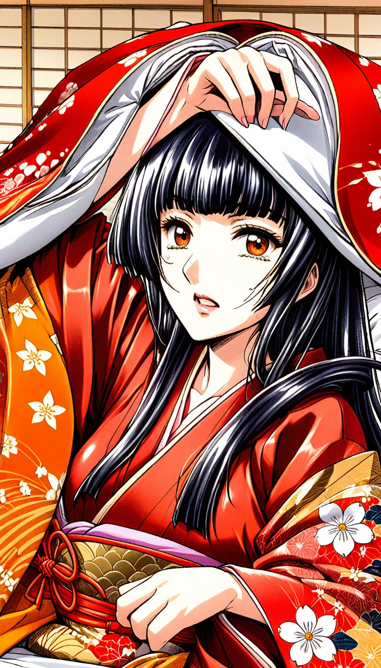 Close-up of a woman with black straight hime cut hair wearing a red and orange dress, Red kimono with flower patterns, From the Sengoku period, Long and beautiful kimono, Flowing hair and long, super shiny robes, Red kimono, Japanese Kimono, Wearing Imperial Kimono, Wearing kimono and armor, In kimono, Safety, kimono, Hakama kimono, Inspired by Fujiwara Takanobu, pale and colouRed kimono　She is laid down on the futon, exposing her nipples, writhing and crying.