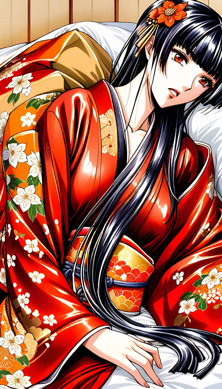 Close-up of a woman with black straight hime cut hair wearing a red and orange dress, Red kimono with flower patterns, From the Sengoku period, Long and beautiful kimono, Flowing hair and long, super shiny robes, Red kimono, Japanese Kimono, Wearing Imperial Kimono, Wearing kimono and armor, In kimono, Safety, kimono, Hakama kimono, Inspired by Fujiwara Takanobu, pale and colouRed kimono　She is laid down on the futon, exposing her nipples, writhing and crying.