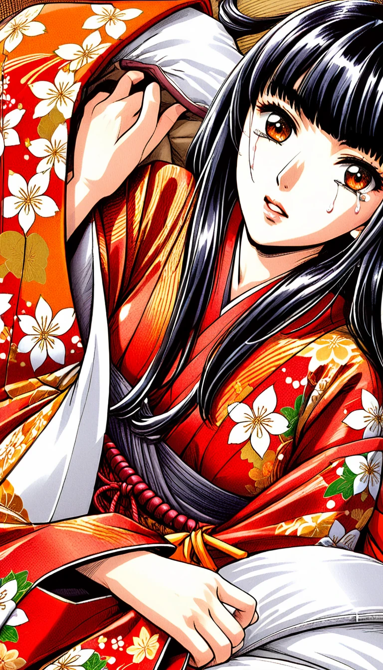 Close-up of a woman with black straight hime cut hair wearing a red and orange dress, Red kimono with flower patterns, From the Sengoku period, Long and beautiful kimono, Flowing hair and long, super shiny robes, Red kimono, Japanese Kimono, Wearing Imperial Kimono, Wearing kimono and armor, In kimono, Safety, kimono, Hakama kimono, Inspired by Fujiwara Takanobu, pale and colouRed kimono　She is laid down on the futon, exposing her nipples, writhing and crying.