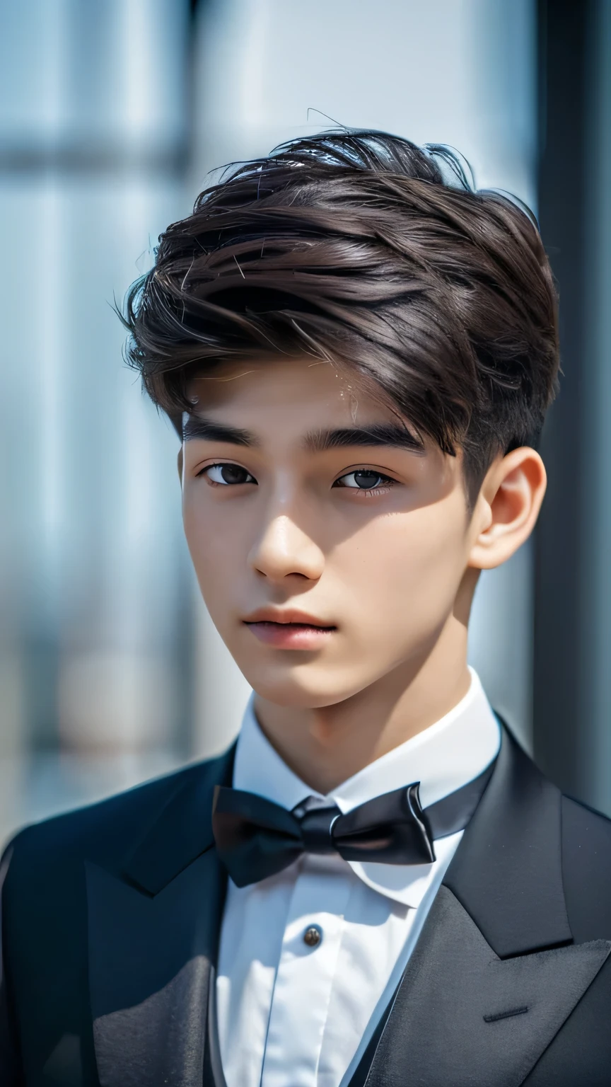 Highest quality, masterpiece, Ultra-high resolution, (Realistic: 1.4), Original photo, wallpaper, Head Photo, skin, Simple Background, Iris, detailed, Selfie, 1 boy, 18-year-old, good looking, Wind,tuxedo