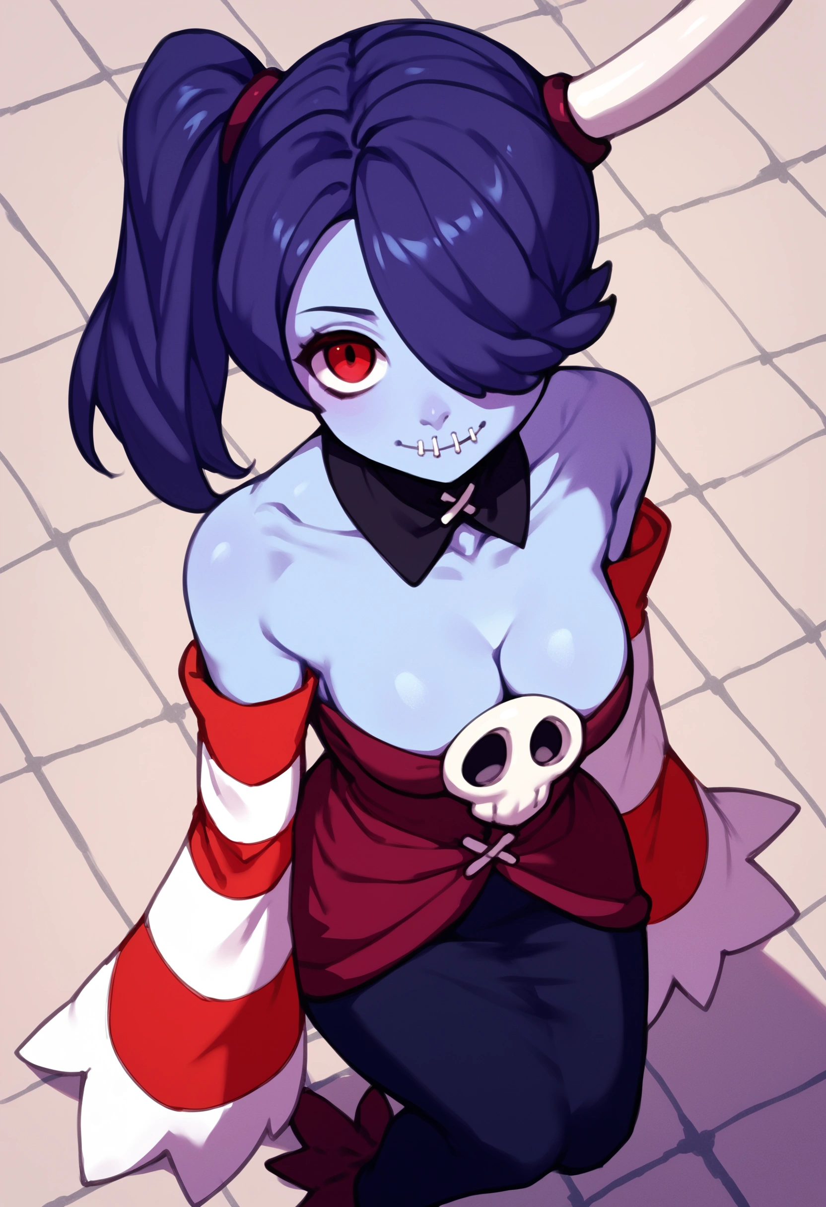 score_9, score_8_up, score_7_up, score_6_up, score_5_up, score_4_up, source_cartoon, rating_explicit, BREAK squigly, 1girl, solo, breasts, looking at viewer, smile, skirt, dress, cleavage, bare shoulders, medium breasts, pantyhose, detached sleeves, striped, side ponytail, detached collar, from above, skull, blue skin, stitches, zombie, red sleeves, striped sleeves, stitched mouth, adorable, cute, stone floor, 