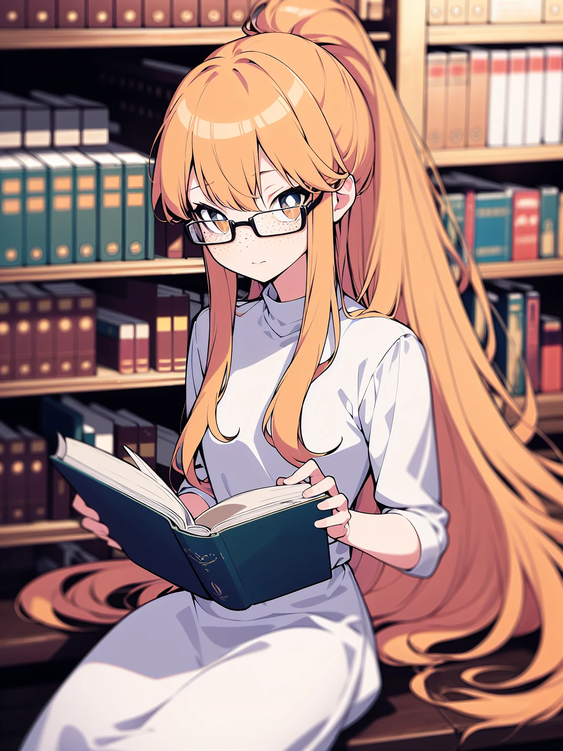 cowboy shot, colorful, (best quality, ultra-high resolution, depth of field:1.2), 1woman, light orange hair, long straight hair, ponytail, hazel eyes, freckles, slender build, white dress, glasses, (library background), focused and serene, sitting, reading a book