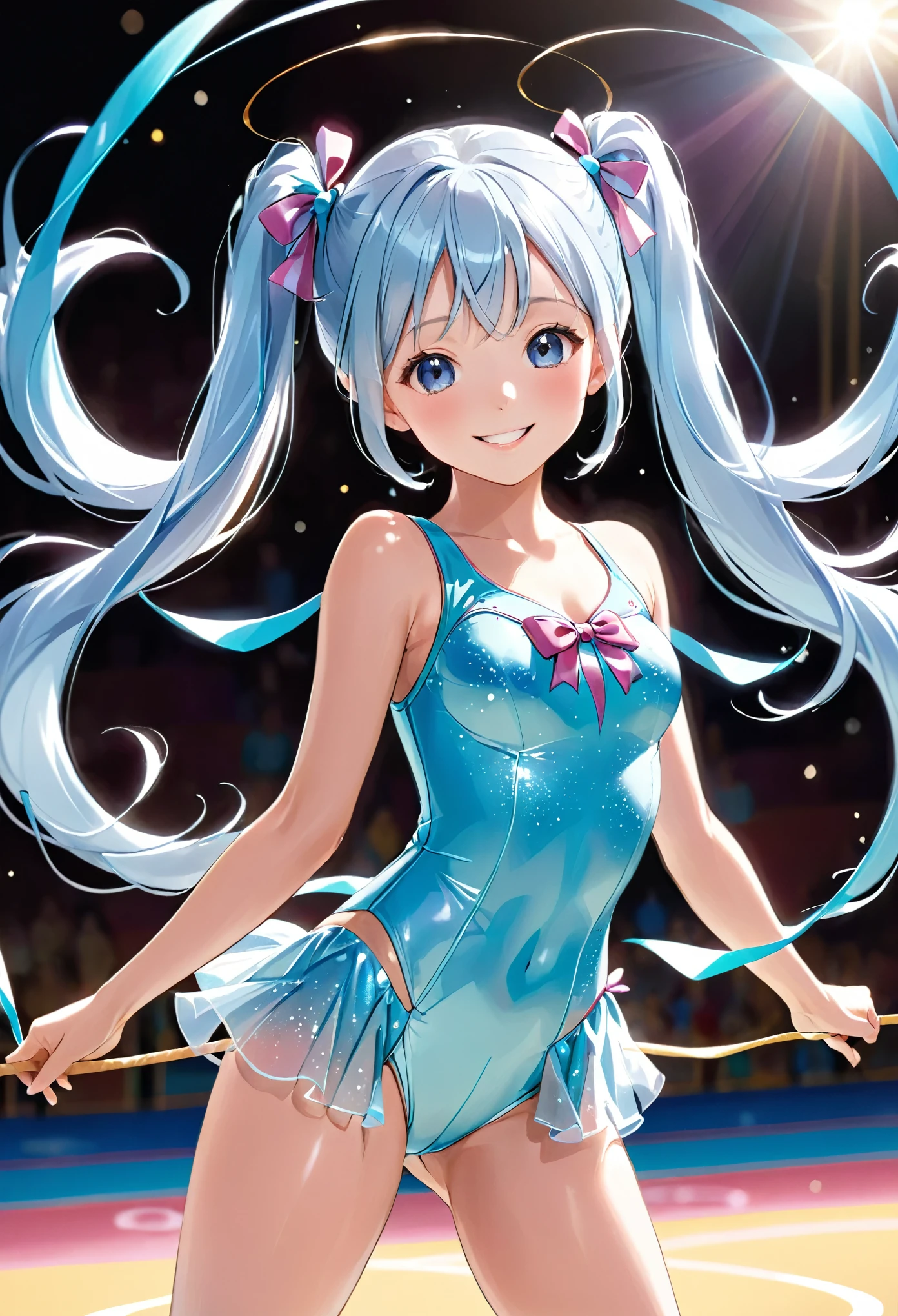 Beautiful girl with long light blue hair, twin tails, rhythmic gymnastics ribbon, cute leotard, bright smile