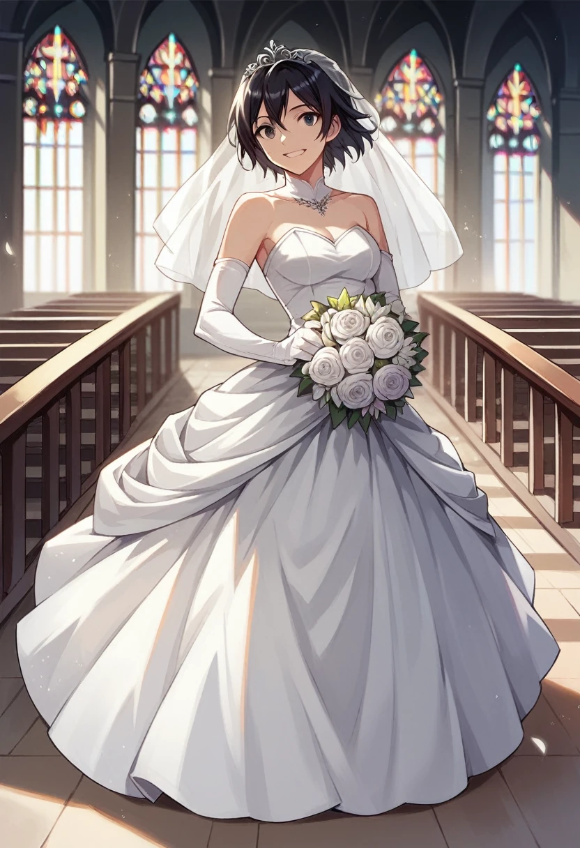 ayase aragaki, 1girl, solo, dress, tiara, black hair, bare shoulders, wedding dress, gloves, white dress,dynamic pose,smile,church entrance, flower bouquet, stair, victoria church,dynamic pose