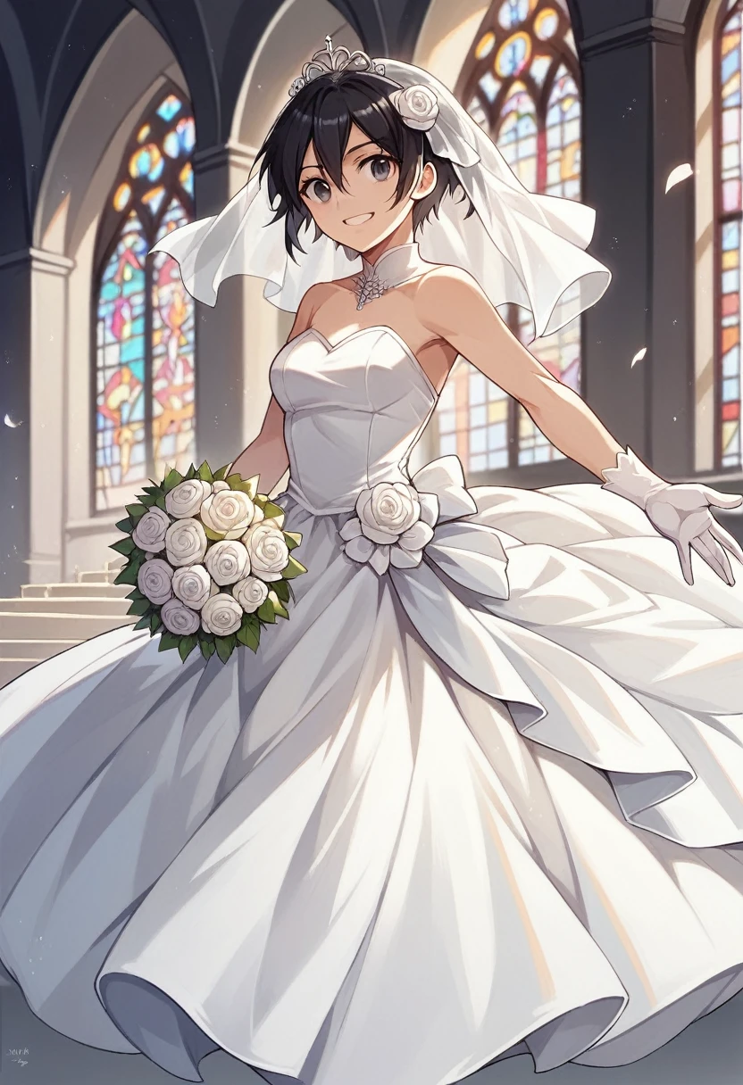 ayase aragaki, 1girl, solo, dress, tiara, black hair, bare shoulders, wedding dress, gloves, white dress,dynamic pose,smile,church entrance, flower bouquet, stair, victoria church,dynamic pose