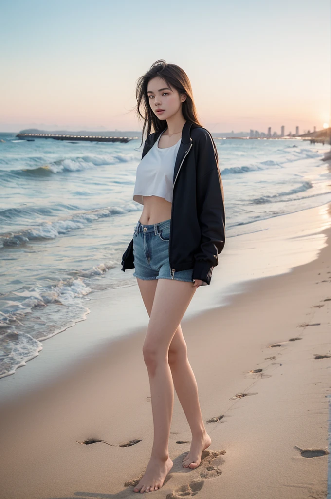 18 year old girl,Wearing a tight short,braless,wearing an open jacket to cover nipples, walking at the beach, view from above ,Full Body picture Standing, small chast and butt, naked upper body