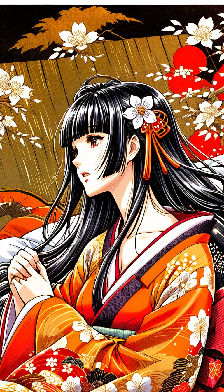 Close-up of a woman with black straight hime cut hair wearing a red and orange dress, Red kimono with flower patterns, From the Sengoku period, Long and beautiful kimono, Flowing hair and long, super shiny robes, Red kimono, Japanese Kimono, Wearing Imperial Kimono, Wearing kimono and armor, In kimono, Safety, kimono, Hakama kimono, Inspired by Fujiwara Takanobu, pale and colouRed kimono　She is laid down on the futon, exposing her nipples, writhing and crying.