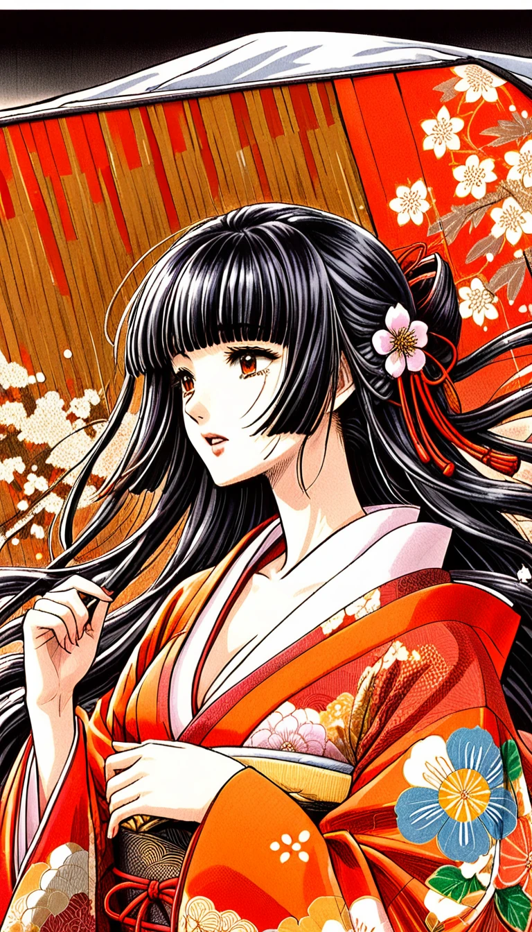 Close-up of a woman with black straight hime cut hair wearing a red and orange dress, Red kimono with flower patterns, From the Sengoku period, Long and beautiful kimono, Flowing hair and long, super shiny robes, Red kimono, Japanese Kimono, Wearing Imperial Kimono, Wearing kimono and armor, In kimono, Safety, kimono, Hakama kimono, Inspired by Fujiwara Takanobu, pale and colouRed kimono　She is laid down on the futon, exposing her nipples, writhing and crying.