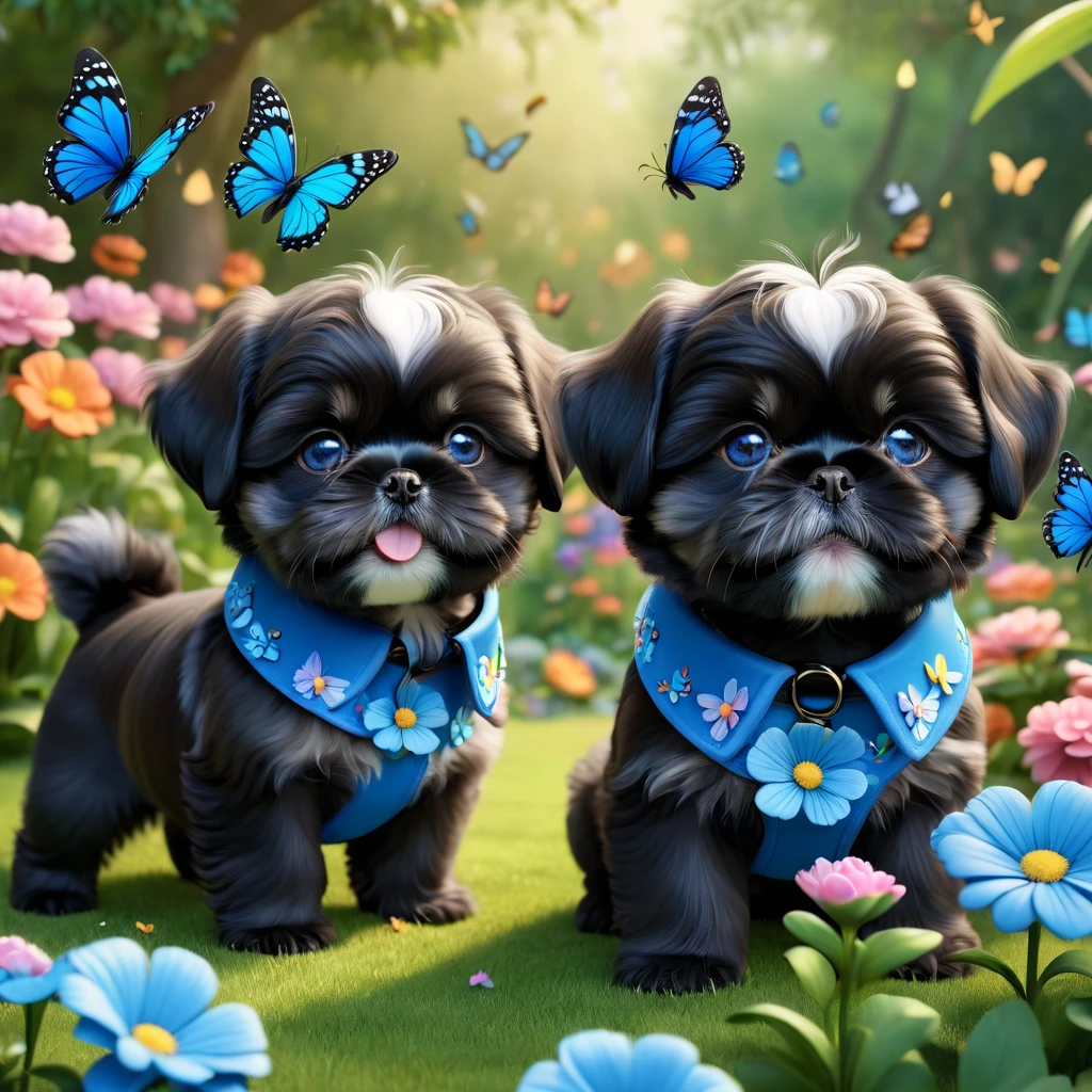 2 adorable small shih black shih tzu puppies wearing blue collars with bright blue eyes playing in park butterflies and flowes in background 3D Pixar style