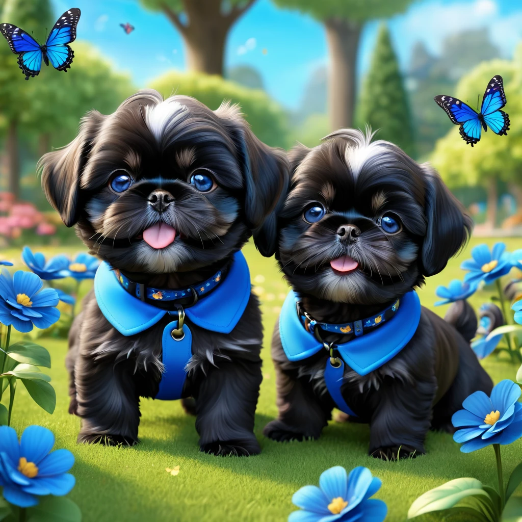 2 adorable small shih black shih tzu puppies wearing blue collars with bright blue eyes playing in park butterflies and flowes in background  3D Pixar style