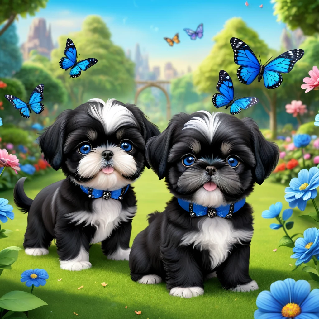 2 adorable small shih black shih tzu puppies wearing blue collars with bright blue eyes playing in park butterflies and flowes in background  3D Pixar style