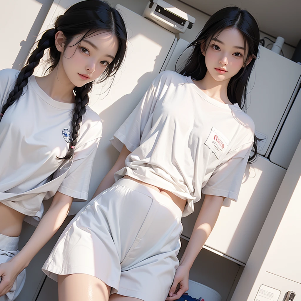 (Masterpiece, high quality), (Multiple Girls,) School locker room, (white panties), white t-shirt, Change of clothes, Low - Angle, Wide-angle, bright, white, Soft Light