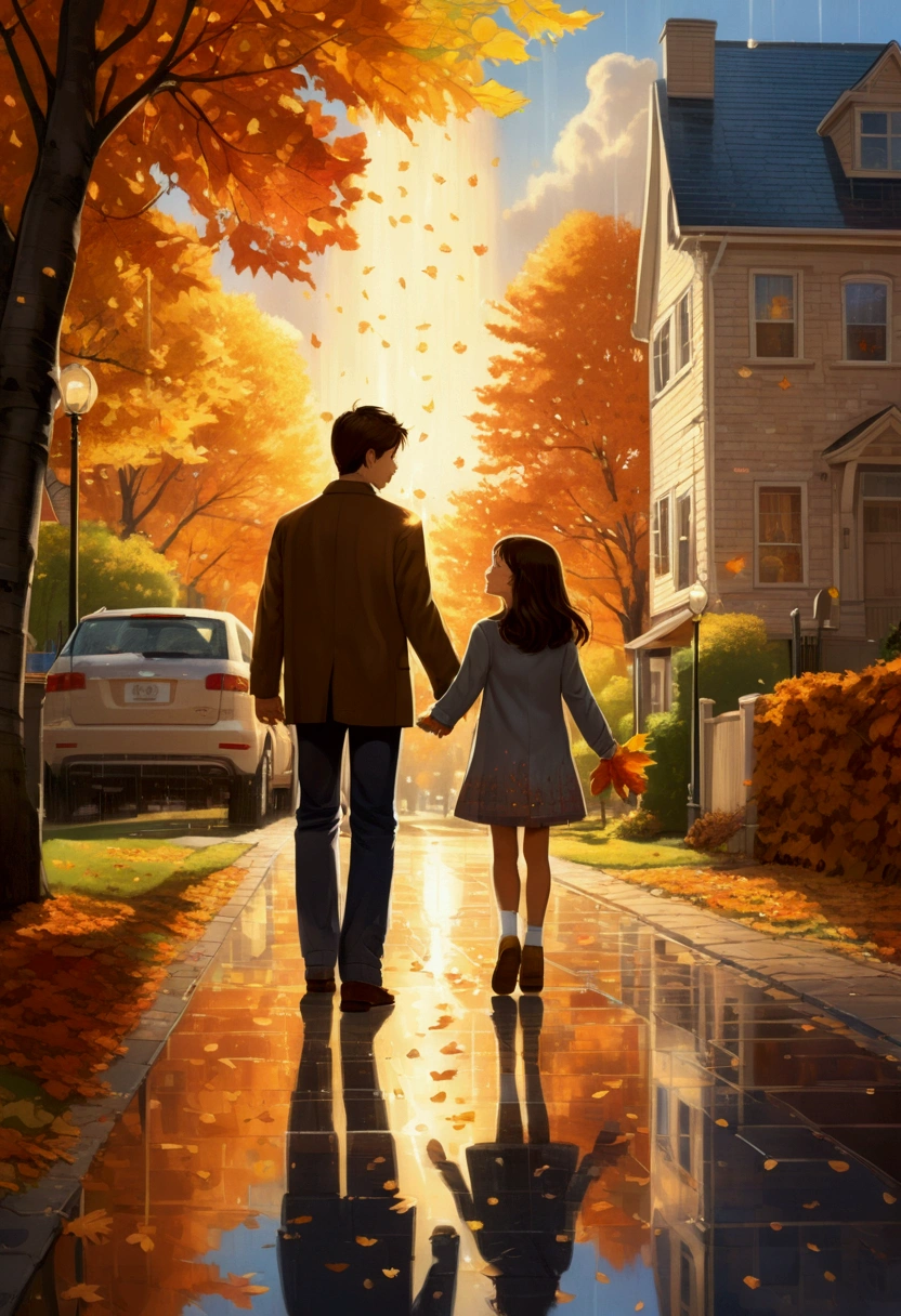 masterpiece, Highest quality, Very detailed, Beautiful illustrations, The back of a couple holding hands,(8-year-old:1.5),sunset, Shine, Diffuse Light, Fluttering autumn leaves, Maple trees and ginkgo trees, Residential Street, (after the rain:1.5), (Twinkle effect),(The characters are far away:1.5)
