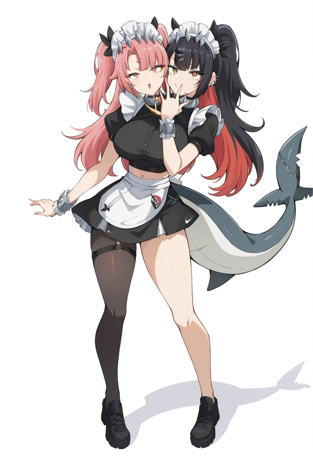 two woman kissing, 8k, best quality, masterpiece, (ultra-detailed:1.1), (one green eye:1.3), (high detailed skin), (full body:1.2), white background, standing, looking at viewer, (solo:1.4), hand on hip, nike, 1girl, large breasts, hair ribbon, twintails, pink hair, tube top, midriff, black shorts, (single thighhigh:1.2), (white background, simple background:1.4), ( good hands, nice hands:0.5), (beautiful_face), ((intricate_detail)), clear face, ((finely_detailed)), fine_fabric_emphasis, ((glossy)), full_shot, ellenjoe, ellen joe, black hair, colored inner hair, multicolored hair, (one red eye:1.3), red hair, two-tone hair, BREAK bapron, black pantyhose, black shirt, black skirt, ear piercing, fins, fish tail, maid, maid apron, maid headdress, pantyhose, piercing, puffy short sleeves, puffy sleeves, shark girl, shark tail, shirt, short sleeves, skirt, tail, two-tone hair, wrist cuffs, BREAK outdoors, city, sky, clouds, sun, park BREAK looking at viewer, (cowboy shot:1.5), BREAK (masterpiece:1.2), best quality, high resolution, unity 8k wallpaper, (illustration:0.8), (beautiful detailed eyes:1.6), extremely detailed face, perfect lighting, extremely detailed CG, (perfect hands, perfect anatomy)