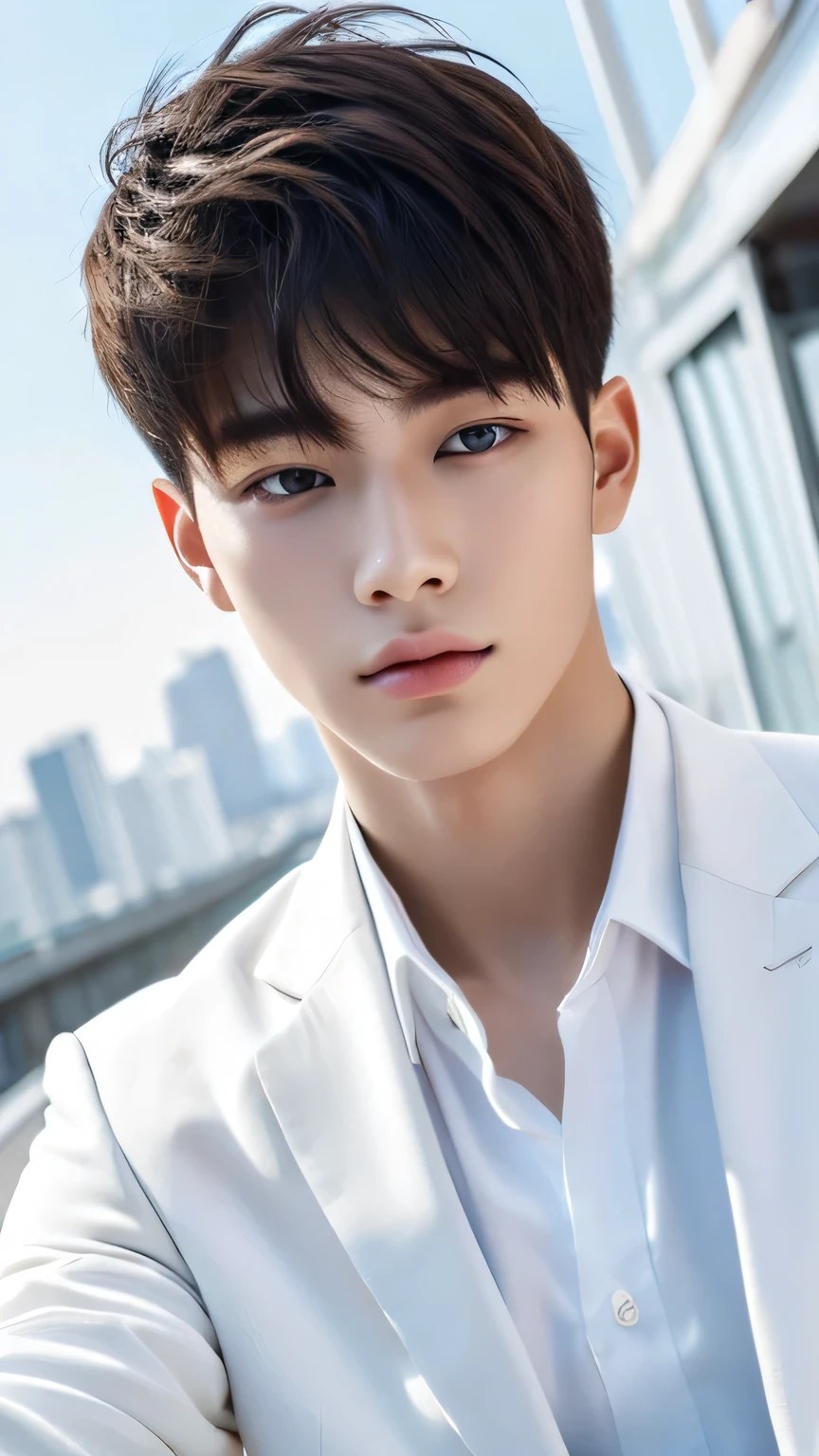 Highest quality, masterpiece, Ultra-high resolution, (Realistic: 1.4), Original photo, wallpaper, Head Photo, skin, Simple Background, Iris, detailed, Selfie, 1 boy, 18-year-old, good looking, Wind,White suit