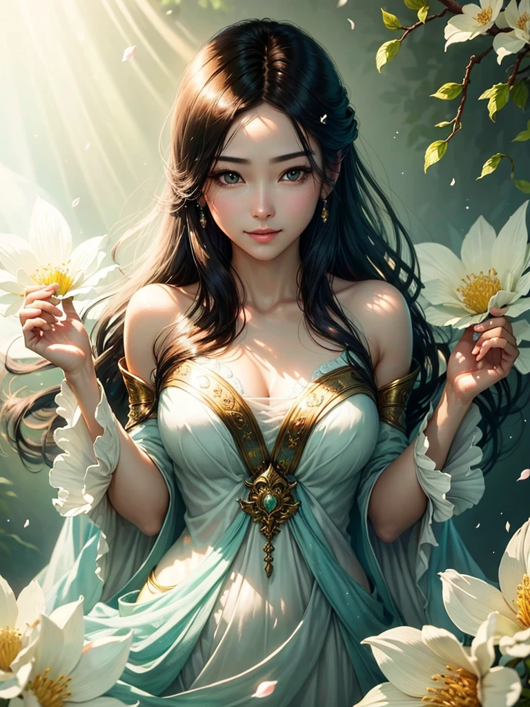 (Best quality,4K,a high resolution,ultra detailed,realistic:1.37),bright colors,Sun Ray,rays of light,bergamot,White flowers,beautiful girl,exquisite features,loose hair,A serene expression,garden furnishings,Exquisite dress,soft sunlight,gentle breeze,Cheerful atmosphere,Backlit stage,A hint of a smile,ethereal glowing,Fresh in the morning,long shadows,harmony of nature,subtle thoughts,natural beauty,Shimmering dew drops,clear details,Tranquility and tranquility,Superior Ingredients,Come to the branch,whispering leaves,Petals for aromatherapy,with glowing light,Sparkling glare,subtle shadows,soft focus,sublime beauty,Whisper natural,fantastic atmosphere,Illuminated background.