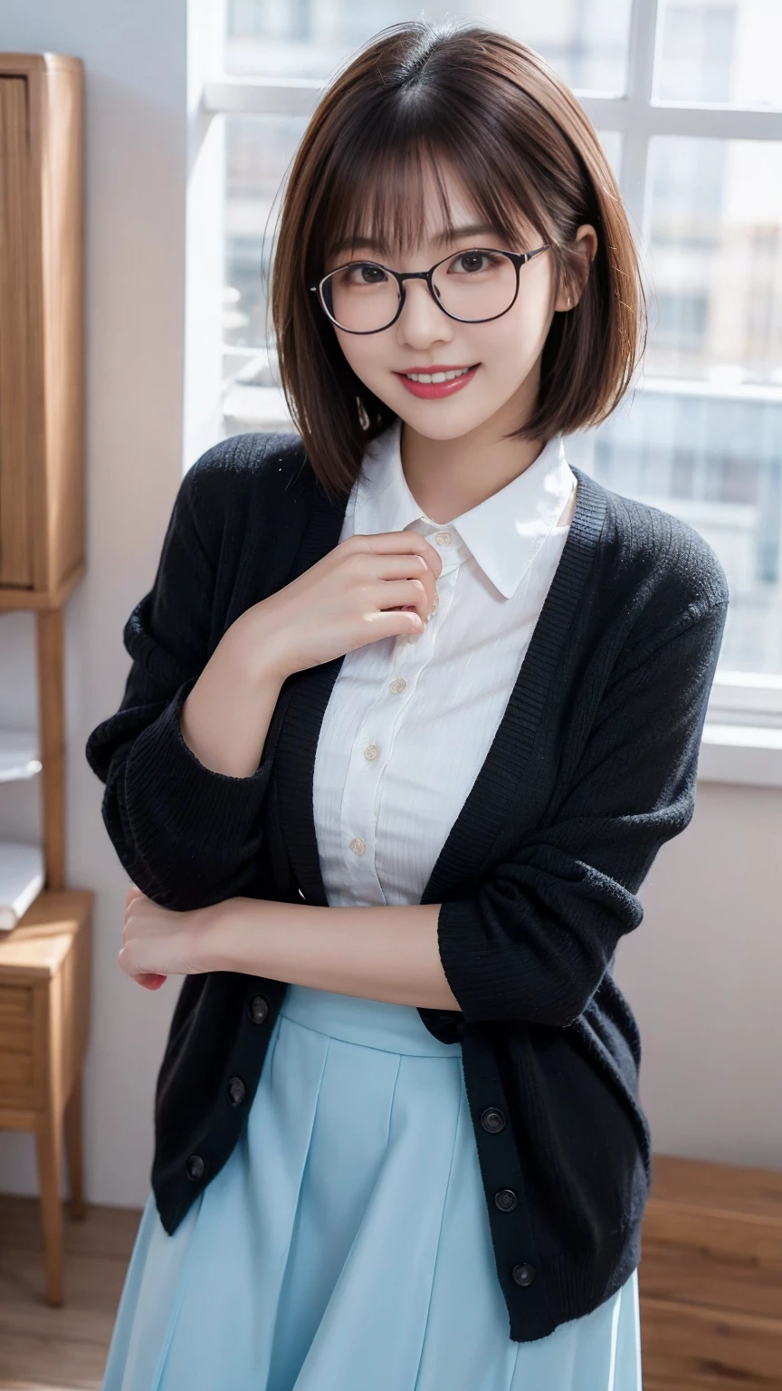 (Skin blemishes:1.2),1woman, 21 years old, (((woman))), (Skin Dentition), Gorgeous, solo, Realistic, Highest quality, Photorealistic, masterpiece, 8k, High resolution, solo, Highly detailed face, passport photo, Full Face, (Professional Lighting、Bokeh Depth of Field), (Particles of light、Lens flare、Luminous Particles:0.6)、(Dynamic Pose:1.2)、Soft lighting、View from above、Fashionable and trendy atmosphere、((Look at the viewers))、 (looking at the camera)、(Portrait:0.6)、standing、Face close-up、(Mid-breasted:1)、(Short Bob)、Brown haired、Floating Hair、nose、Lips、lipstick、Black-rimmed glasses、A seductive smile、White shirt、Long skirt、Wear a cardigan、Wear black glasses、Inside the room
