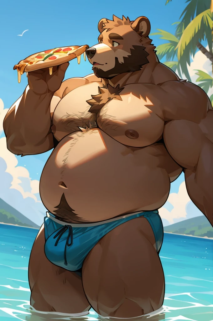 Art, furry, bear, light brown color, wearing only light blue colored swim trunks, male, thick cheeks, thick thighs, hairy chest, large nipples, bump in groin area, hairy potbelly, tall, very fat, large bloated belly of huge size, one hand rests on his belly, with the other he eats a large slice of pizza, one character.
