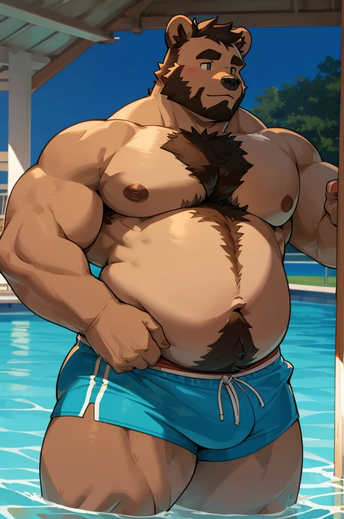 Art, furry, bear, light brown color, wearing only light blue colored swim trunks, male, thick cheeks, thick thighs, hairy chest, large nipples, bump in groin area, hairy potbelly, tall, very fat, large bloated belly of huge size, one hand rests on his belly, with the other he eats a large slice of pizza, one character.