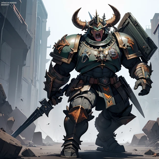 (Absurdres, master piece, best high quality image, very detailed features, very detailed textures, carefuly detailed with no deformed parts in all the artwork, not censored violence and bleeding, warhammer 40K Ork aesthetic), only solo character, full body view.
{{A big hulking troll, he has big mouth full of light blue sharp teeth, he has no nose, orange skin, he has two light blue eyes, very long arms with six fingers, strong bulky feet, 2 bison green horns on his head and 10 green spikes on his hed, wears a bulky heavy grey armor, (big squared helmet with 3 crests, big grey shoulder pads, very armored arms, bulky heavy grey, boots), wields a big axe and a huge heavy pistol, he is laughing happy and enjoying a fight. Attacking a british airbase.}}