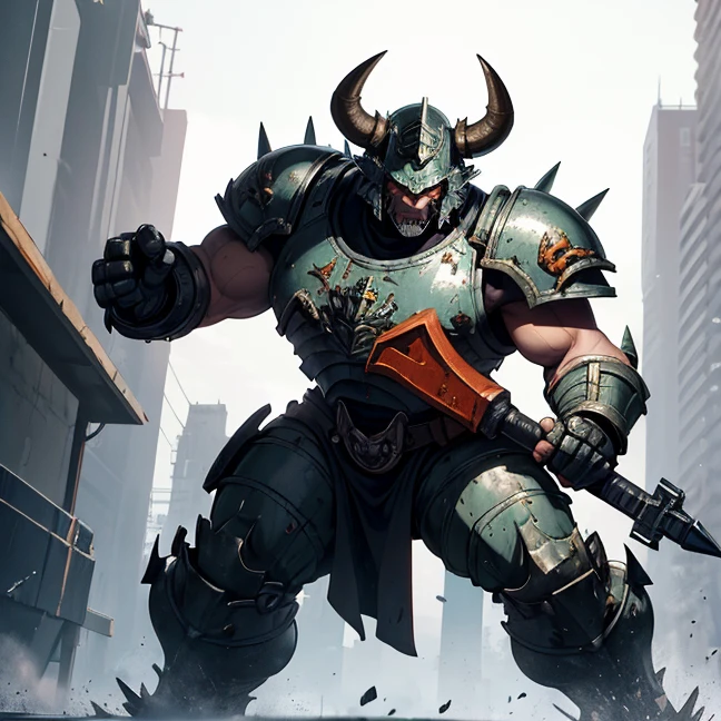 (Absurdres, master piece, best high quality image, very detailed features, very detailed textures, carefuly detailed with no deformed parts in all the artwork, not censored violence and bleeding, warhammer 40K Ork aesthetic), only solo character, full body view.
{{A big hulking troll, he has big mouth full of light blue sharp teeth, he has no nose, orange skin, he has two light blue eyes, very long arms with six fingers, strong bulky feet, 2 bison green horns on his head and 10 green spikes on his hed, wears a bulky heavy grey armor, (big squared helmet with 3 crests, big grey shoulder pads, very armored arms, bulky heavy grey, boots), wields a big axe and a huge heavy pistol, he is laughing happy and enjoying a fight. Attacking a british airbase.}}