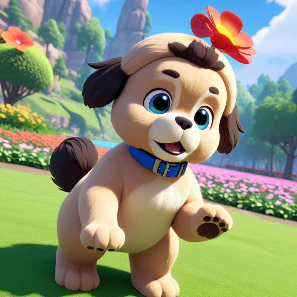 2 adorable small shih black shih tzu puppies wearing blue collars with bright blue eyes playing in park butterflies and flowes in background 3D Pixar style