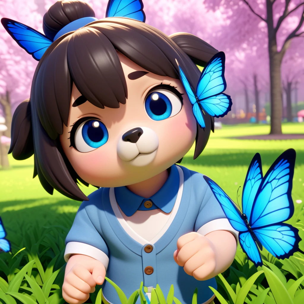 2 adorable small shih black shih tzu puppies wearing blue collars with bright blue eyes playing in park butterflies and flowes in background 3D Pixar style