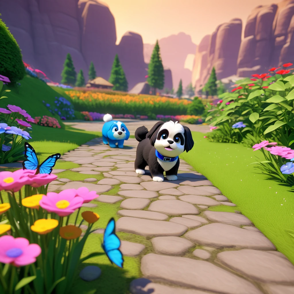 2 adorable small shih black shih tzu puppies wearing blue collars with bright blue eyes playing in park butterflies and flowes in background 3D Pixar style