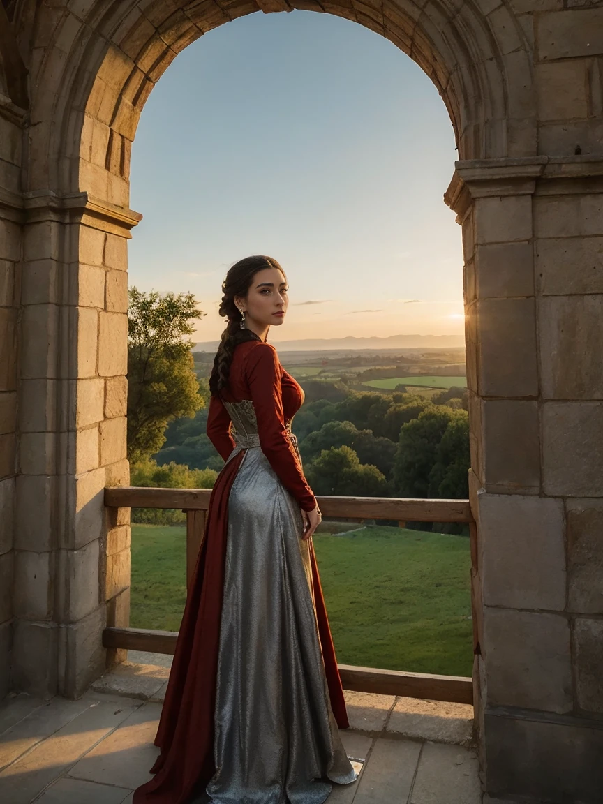 Beautiful and regal, imperious and aloof, busty athletic (thin) brunette queen with sharp facial features wearing a modest updo, dark red medieval dress, long sleeves, intricate patterns, embroidery, wide neck, crown, veil, long dress, modest dress, tight bodice, (silver waist chain), medieval jewelry, Middle Ages, castle, rampart, wall, exterior, on top of a castle wall, trees, countryside, evening, sunset.