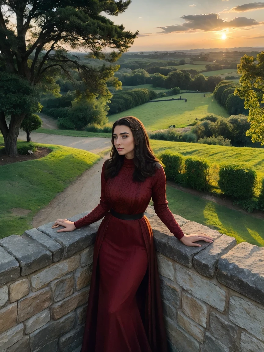 Beautiful and regal, imperious and aloof, busty athletic (thin) brunette queen with sharp facial features wearing a modest updo, dark red medieval dress, long sleeves, intricate patterns, embroidery, wide neck, crown, veil, long dress, modest dress, tight bodice, (silver waist chain), medieval jewelry, Middle Ages, castle, rampart, wall, exterior, on top of a castle wall, trees, countryside, evening, sunset.