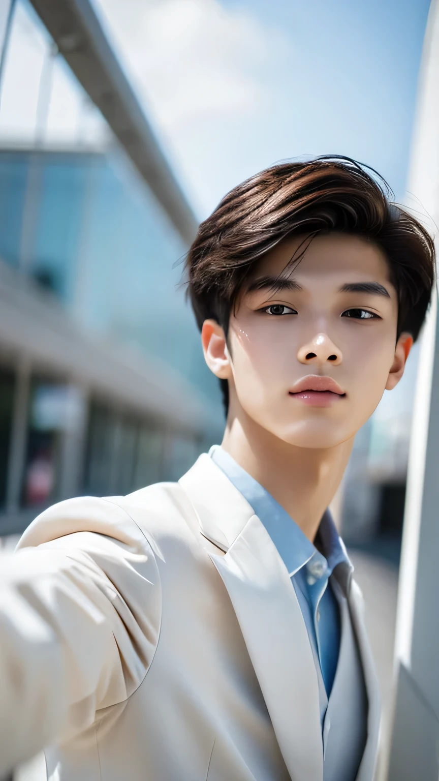 Highest quality, masterpiece, Ultra-high resolution, (Realistic: 1.4), Original photo, wallpaper, Head Photo, skin, Simple Background, Iris, detailed, Selfie, 1 boy, 18-year-old, good looking, Wind,White suit