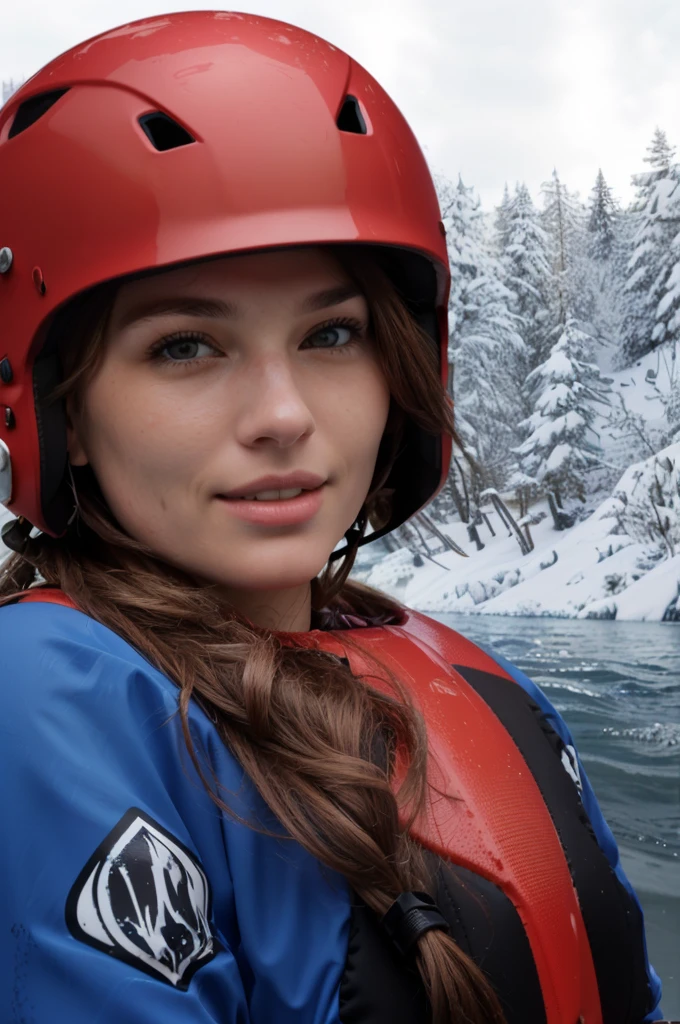 there is an german woman in a red met in the water, lifejacket, wearing lifejacket, wearing her hel, floating headsets, cranberry helmetearing skate helmet, wing skating helmet, closp portrait shot, helmet view, cade helmet, head shot,lmet on, helmet on e, in water to her shoulders, cute woman, floating headsets, her face flushing, gorgeous lady, riding, canyon, having fun, hyperrealist portrait in a river), cute, profile shot, pov shot, (ultra detailed), (2K), (high definition), nice face, aged 25, brown eyes, very dd and expressive face, nervous, apprehension, anticipation
