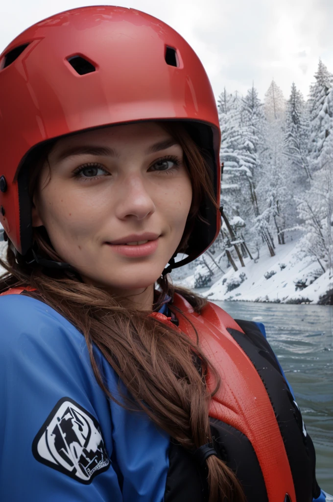  there is an german woman in a red helmet in the water, lifejacket, wearing lifejacket, wearing her helmet, floating headsets, cranberry helmet, wearing skate helmet, wearing skating helmet, close up portrait shot, helmet view, cascade helmet, head shot, helmet on, helmet on face, in water up to her shoulders, cute woman, floating headsets, her face flushing, gorgeous lady, riding, canyon, having fun, hyperrealist portrait in a river), cute, profile shot, pov shot, (ultra detailed), (2K), (high definition), nice face, aged 25, brown eyes, very detailed and expressive face, nervous, apprehension, anticipation
