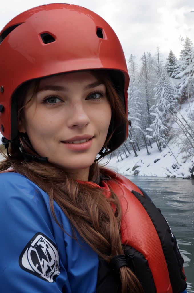 there is an german woman in a red helmet in the water, lifejacket, wearing lifejacket, wearing her helmet, floating headsets, cranberry helmet, wearing skate helmet, wearing skating helmet, close up portrait shot, helmet view, cascade helmet, head shot, helmet on, helmet on face, in water up to her shoulders, cute woman, floating headsets, her face flushing, gorgeous lady, riding, canyon, having fun, hyperrealist portrait in a river), cute, profile shot, pov shot, (ultra detailed), (2K), (high definition), nice face, aged 25, brown eyes, very detailed and expressive face, nervous, apprehension, anticipation