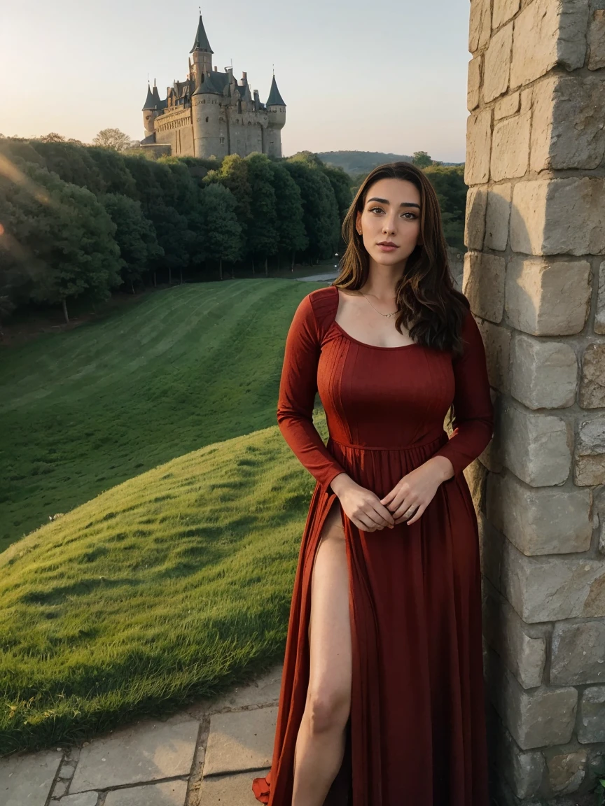 Beautiful and regal, imperious and aloof, busty athletic (thin) brunette queen with sharp facial features wearing a modest updo, dark red medieval dress, long sleeves, wide neck, crown, veil, long dress, modest dress, tight bodice, (silver waist chain), medieval jewelry, Middle Ages, castle, rampart, wall, exterior, on top of a castle wall, trees, countryside, evening, sunset.