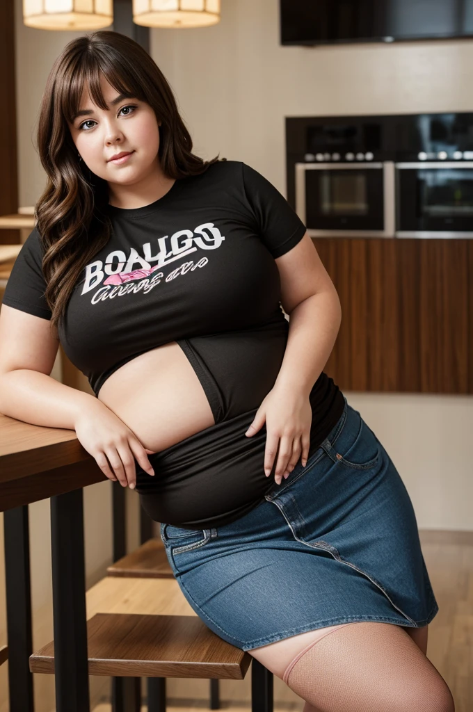 can you make a 20 year old girl obese , with moderate bust but a big belly wears an 80s rock t-shirt , She has wide hips, she wears a jean skirt, she has long, thick legs full of cellulite. , She wears black stockings and is at an all-you-can-eat restaurant. , She is blushing and drooling and her double chin is pronounced. , He has short, neck-length wavy brown hair. , anime style